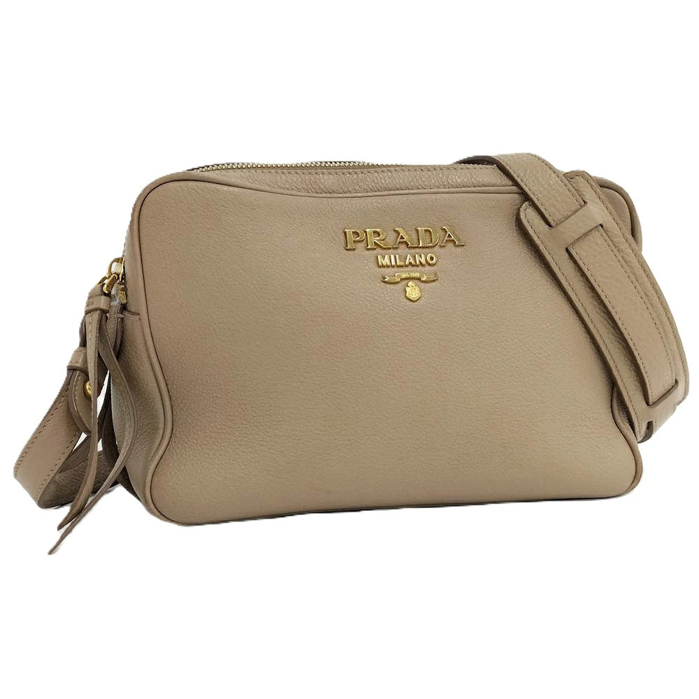 Prada Double Zip Shoulder Bag Leather Beige